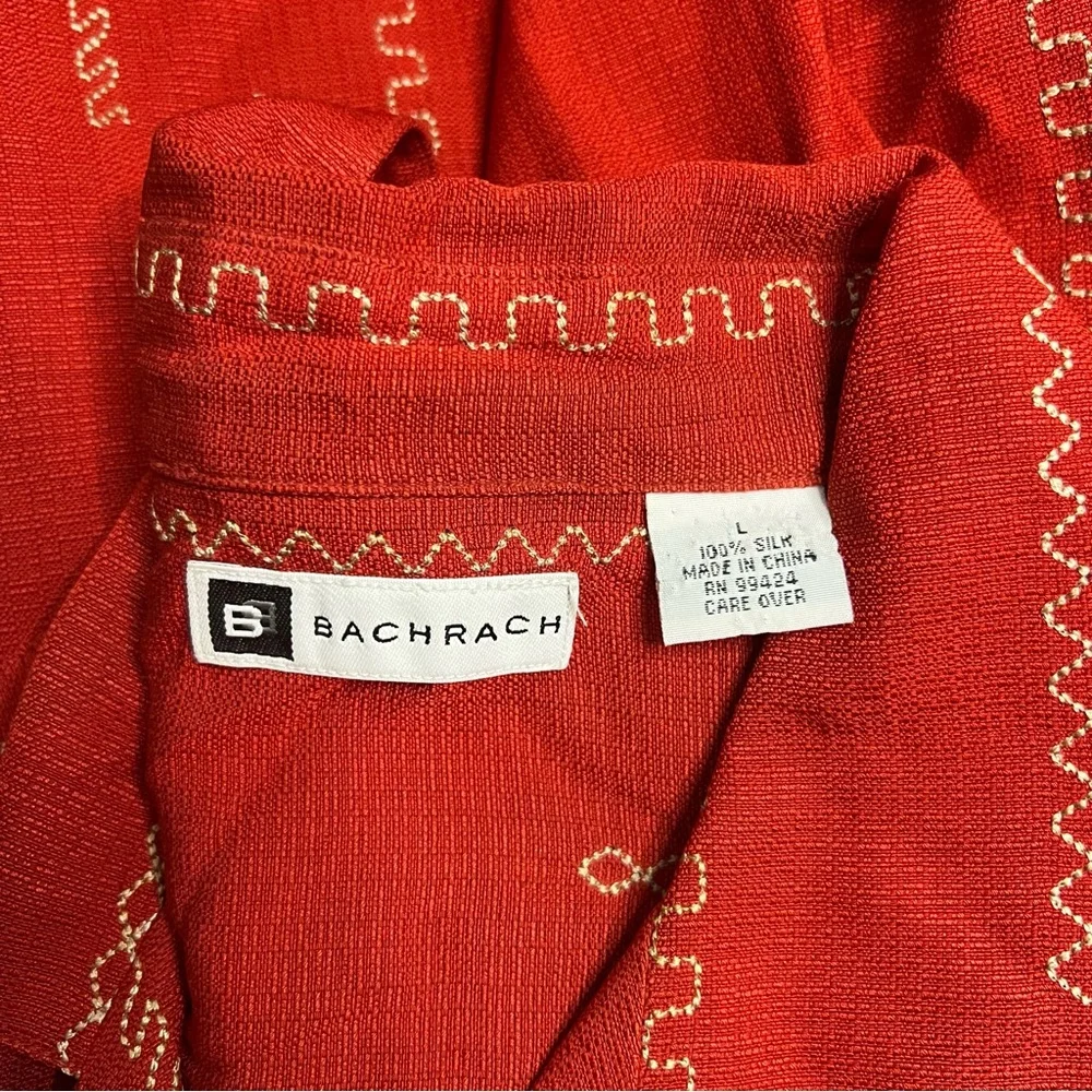 Bachrach 100% Silk Red Tan‎ Zig Zag Embroidery Short Sleeve Button Up Shirt Sz L